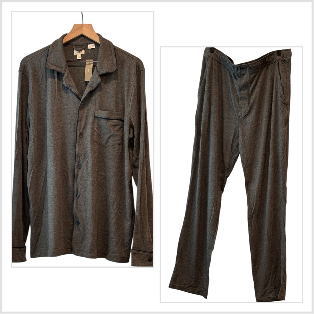 J Crew Men’s Gray Long Sleeve Pajama Set Button-Up Loungewear Elastic Waist Sz L